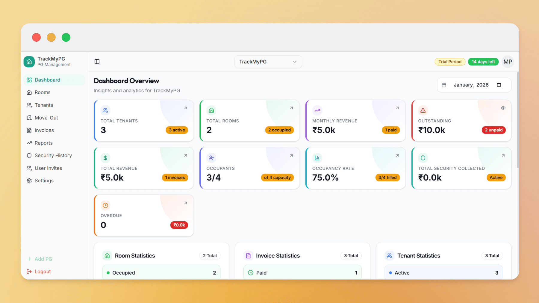 TrackMyPG dashboard preview showing PG management metrics and tenant overview